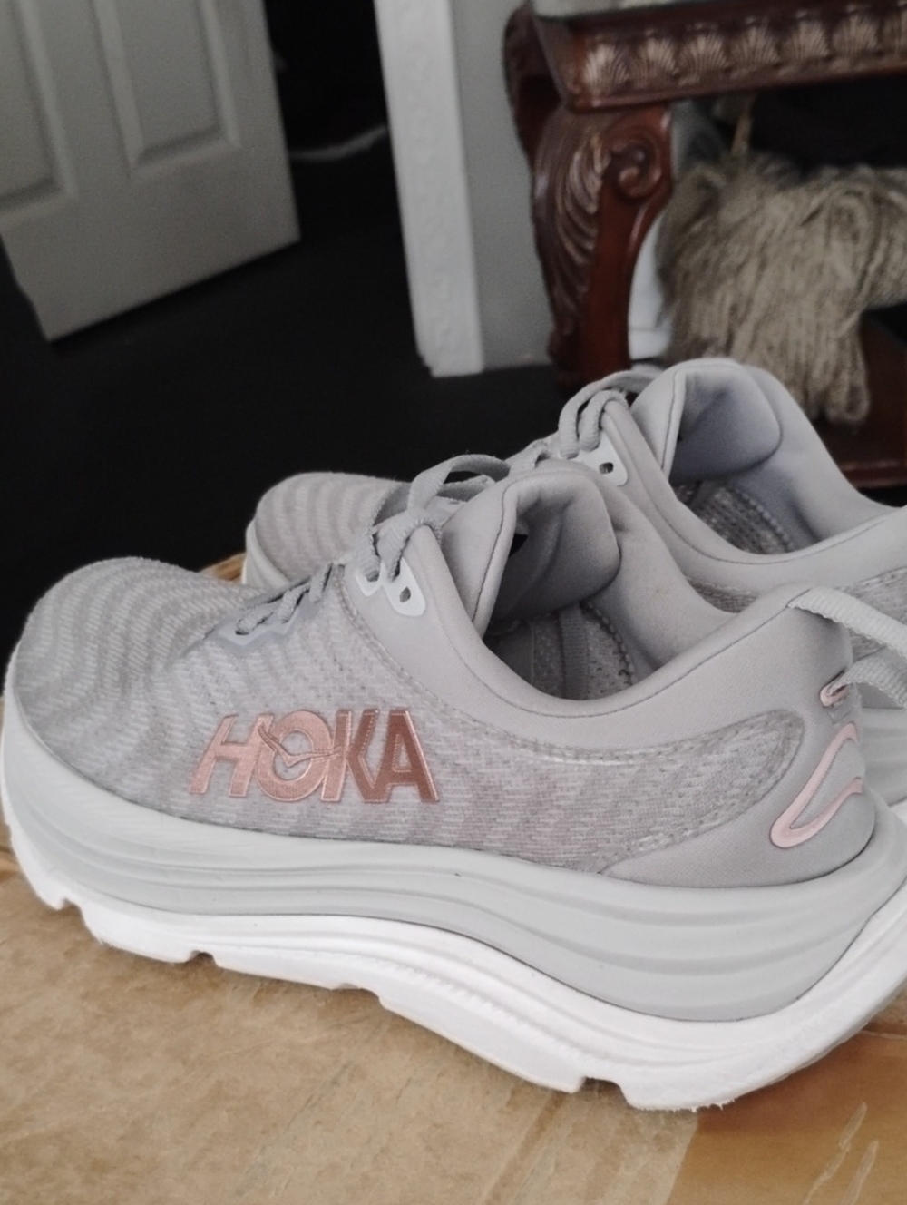Hoka Women's Light Gray and Pink Athletic Running Shoes